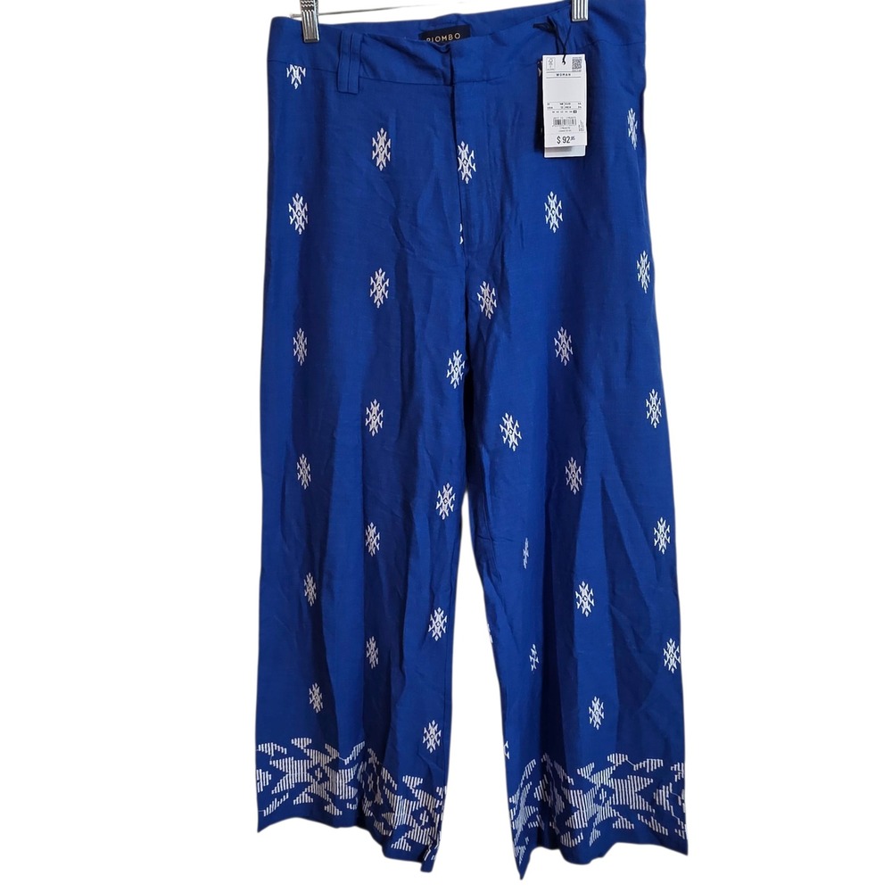 Piombo Women's Blue Wide Leg Cropped Pants, Embroidered Detail Size 48 Eu 12 USA